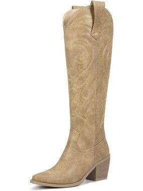 Women's Apricot Faux Leather Embroidered Pointed Toe Chunky Heel Knee High Boots